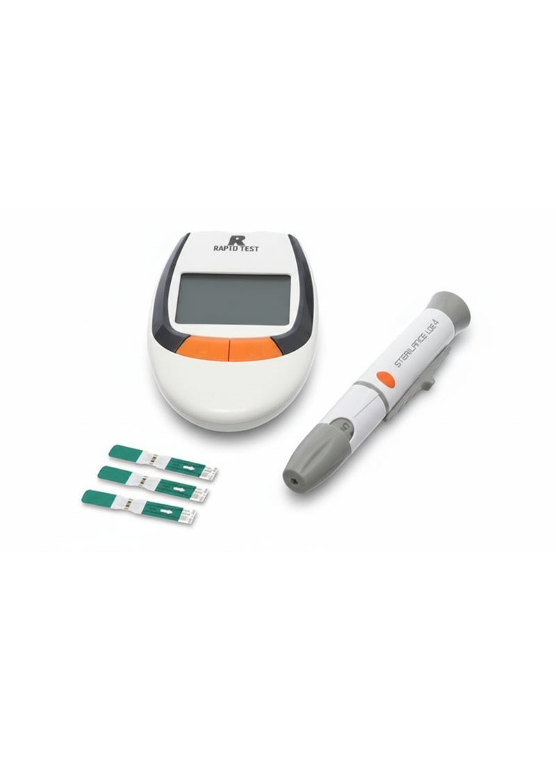 RAPID TEST Blood Glucose Meter with included test strips, 0.5µL blood sample, stores 300 readings, quick and easy to use at home or in a clinic - Image 1